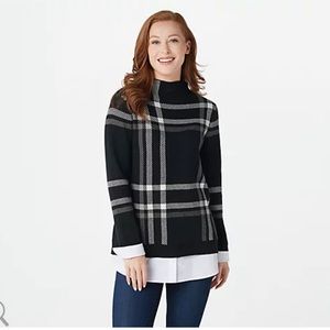 NWOT- Isaac Mizrahi black/cream plaid sweater. Size M.